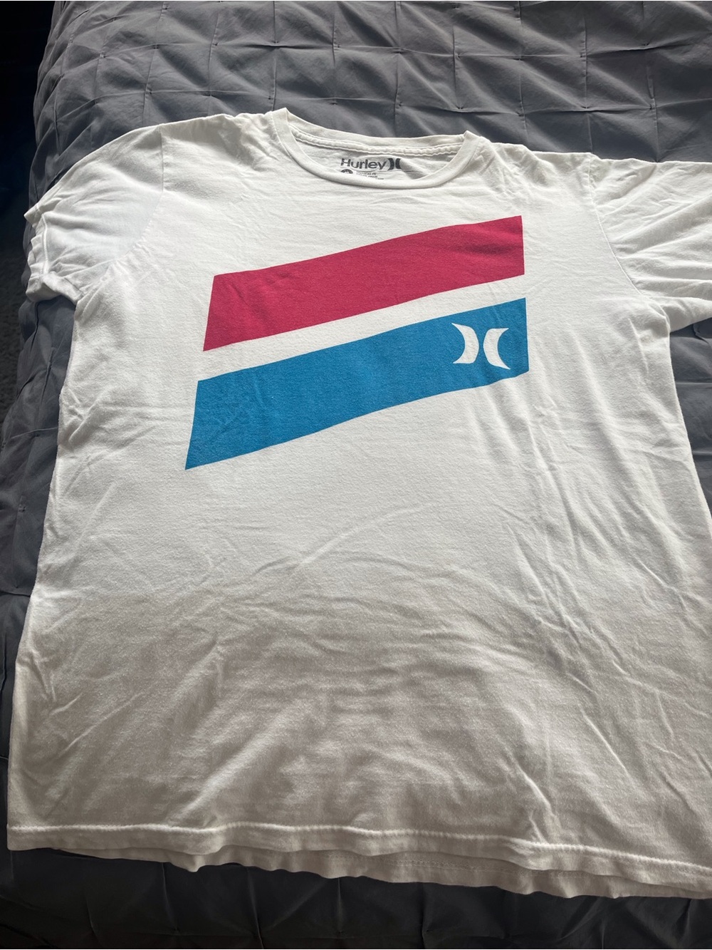 Hurley White Tee with Pink and Blue Graphic Stripe